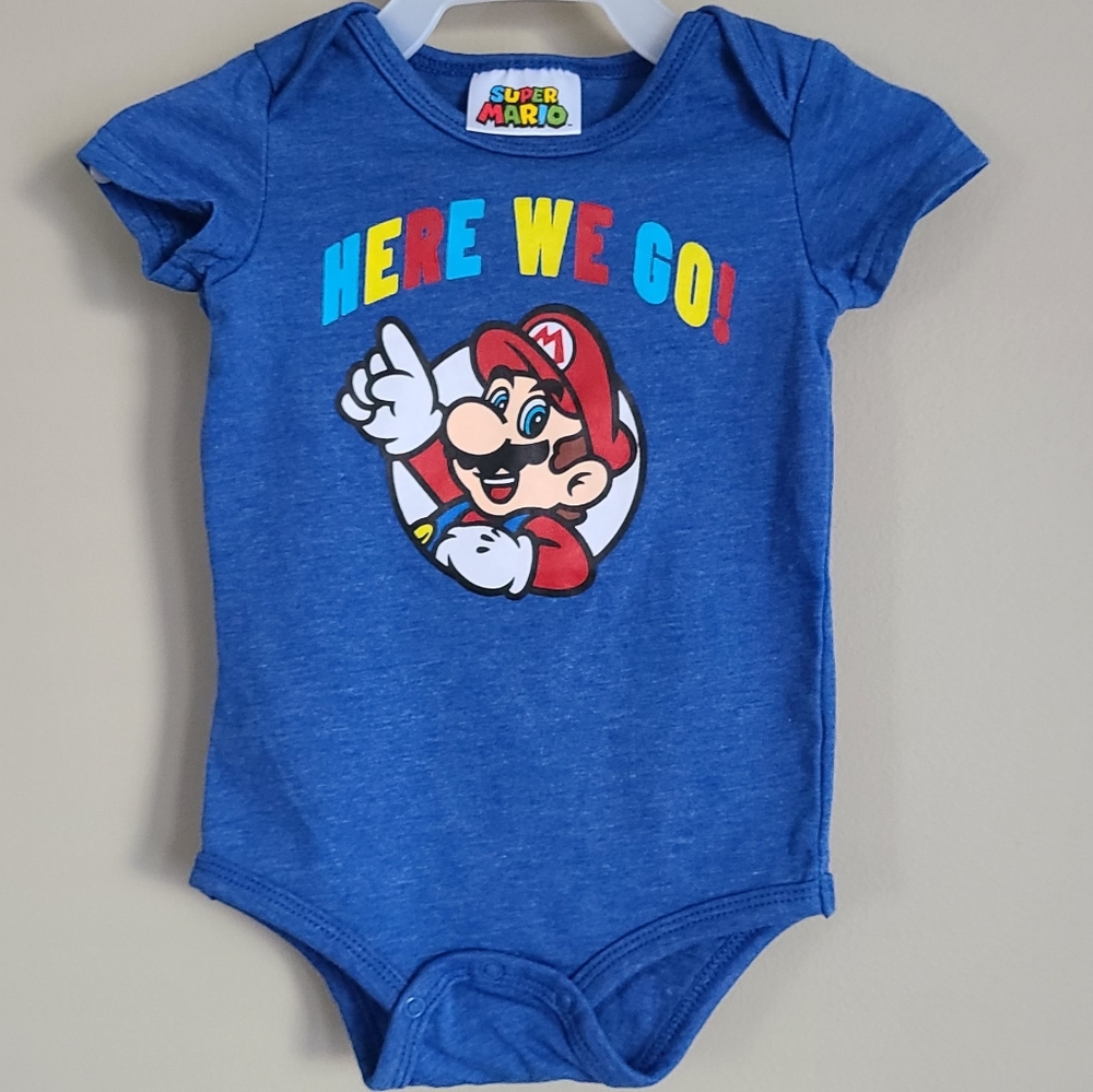 Super Mario blue short sleeved onesie/bodysuit